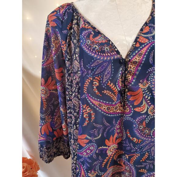 Chaps X Ralph Lauren Paisley Boho 3/4 Sleeve V-Neck Button Blouse Size XL Hippie - Picture 5 of 10